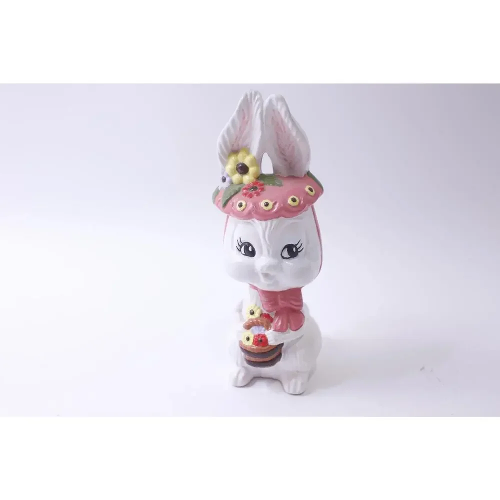 Easter Rabbit holding a Basket with Flowers, Ceramic Figurine, 80s Spring